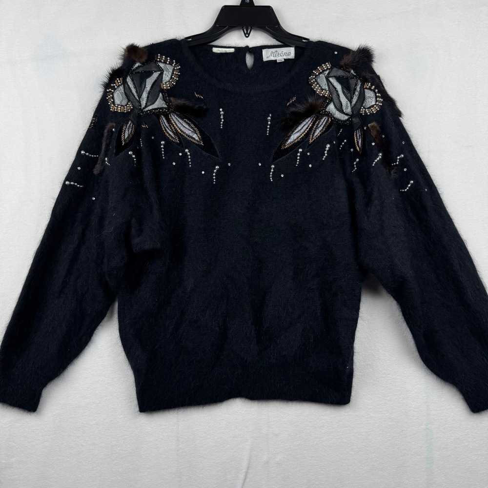 Mirene Black Embellished Sweater S/P Fur Beaded‎ Sequined Vintage Elegant